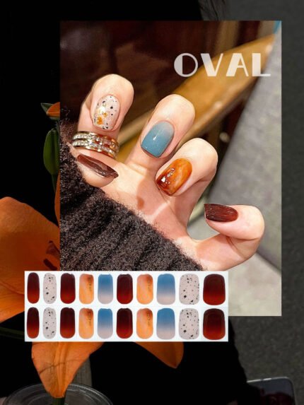 [Cure in 40s with Lamp] Autumn Amber Mixed-Tone Gel Nail Wraps (Oval Shape) - 20pcs Self-Adhesive, Instant Hardening Nail Tips