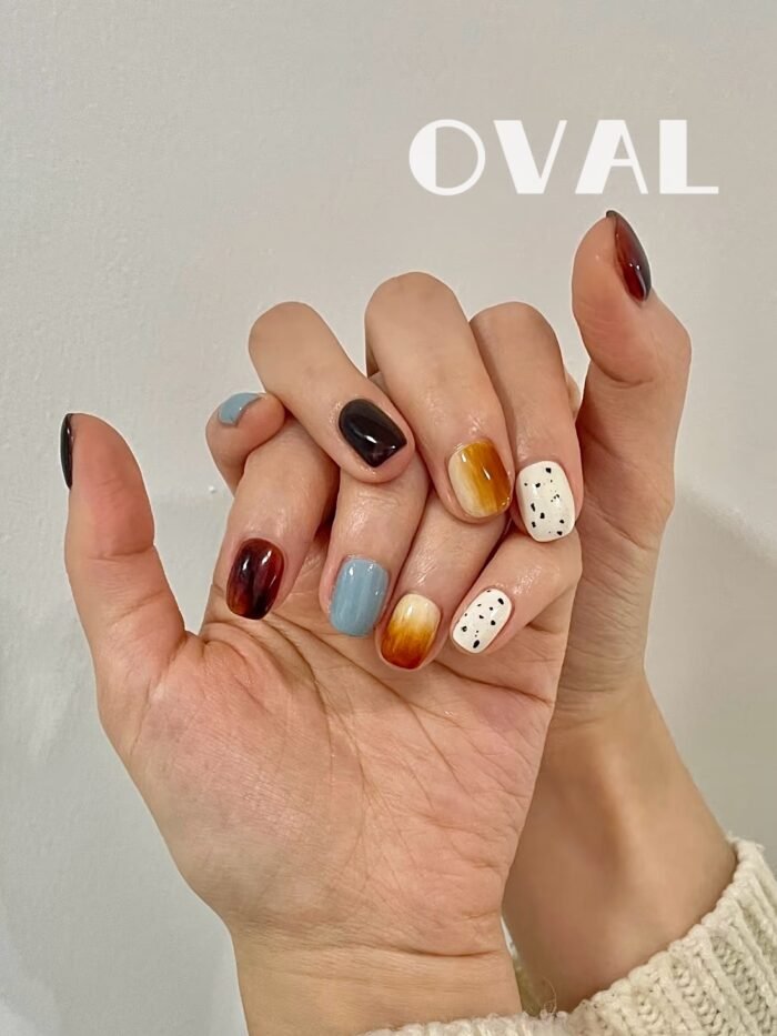 [Cure in 40s with Lamp] Autumn Amber Mixed-Tone Gel Nail Wraps (Oval Shape) - 20pcs Self-Adhesive, Instant Hardening Nail Tips - Image 2