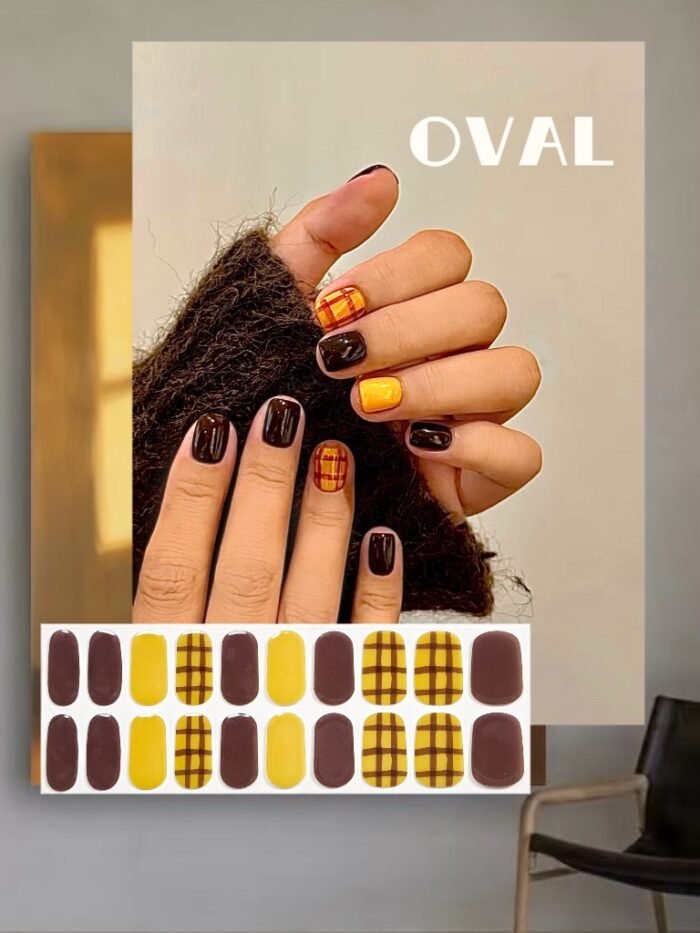 [Cure in 40s with Lamp] Autumn Brown & Yellow Plaid Gel Nail Wraps (Oval Shape) - 20pcs Self-Adhesive, Instant Hardening Nail Tips - Image 1