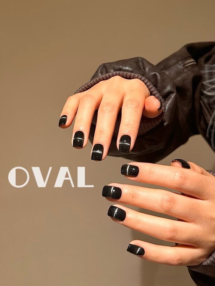 [Cure in 40s with Lamp] Black Diamond Cat-Eye Gel Nail Wraps (Oval Shape) - 20pcs Self-Adhesive, Instant Hardening Nail Tips - Image 2