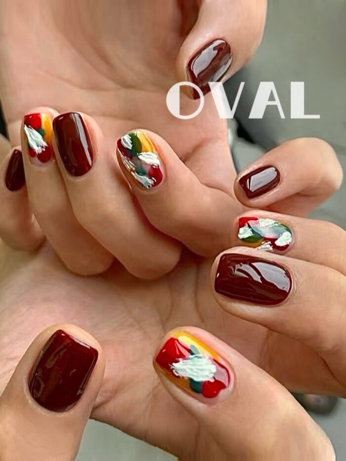 [Cure in 40s with Lamp] Burgundy Splatter Art Gel Nail Wraps (Oval Shape) - 20pcs Self-Adhesive, Instant Hardening Nail Tips - Image 2