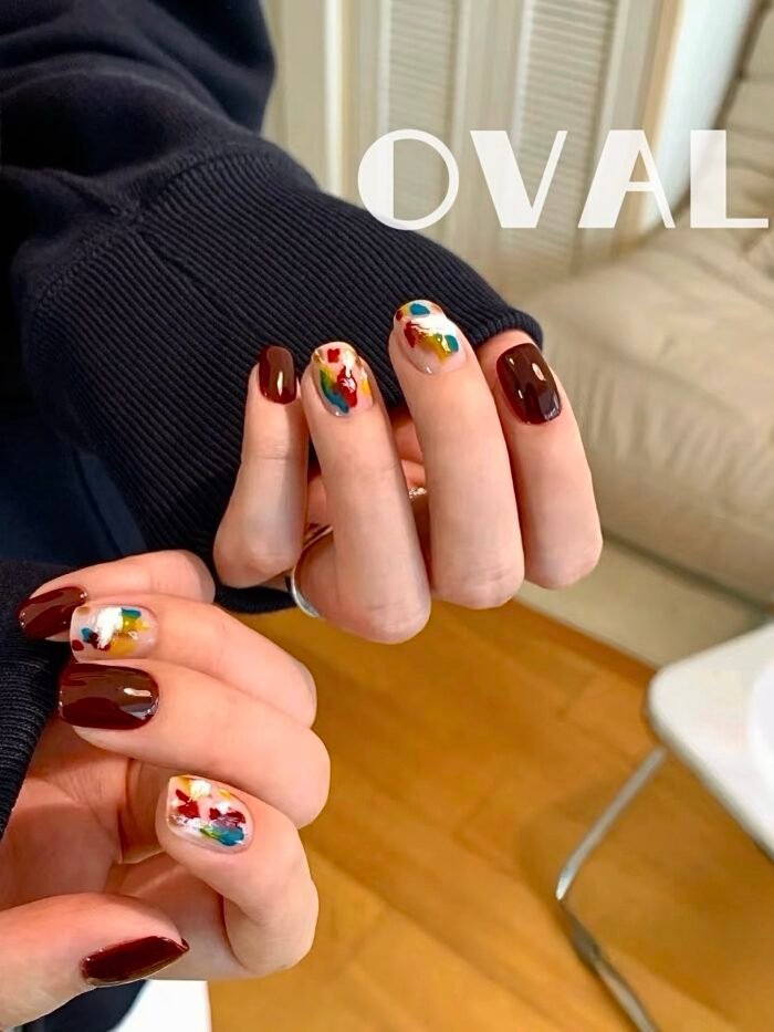 [Cure in 40s with Lamp] Burgundy Splatter Art Gel Nail Wraps (Oval Shape) - 20pcs Self-Adhesive, Instant Hardening Nail Tips - Image 3