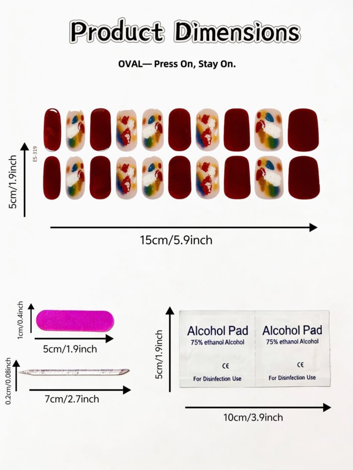 [Cure in 40s with Lamp] Burgundy Splatter Art Gel Nail Wraps (Oval Shape) - 20pcs Self-Adhesive, Instant Hardening Nail Tips - Image 4