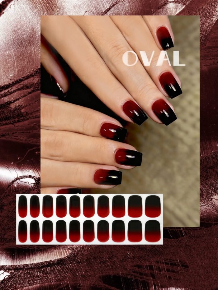 [Cure in 40s with Lamp] Burgundy-to-Black Gradient Gel Nail Wraps (Oval Shape) - 20pcs Self-Adhesive, Turns to Hard Nail Tips Instantly - Image 1