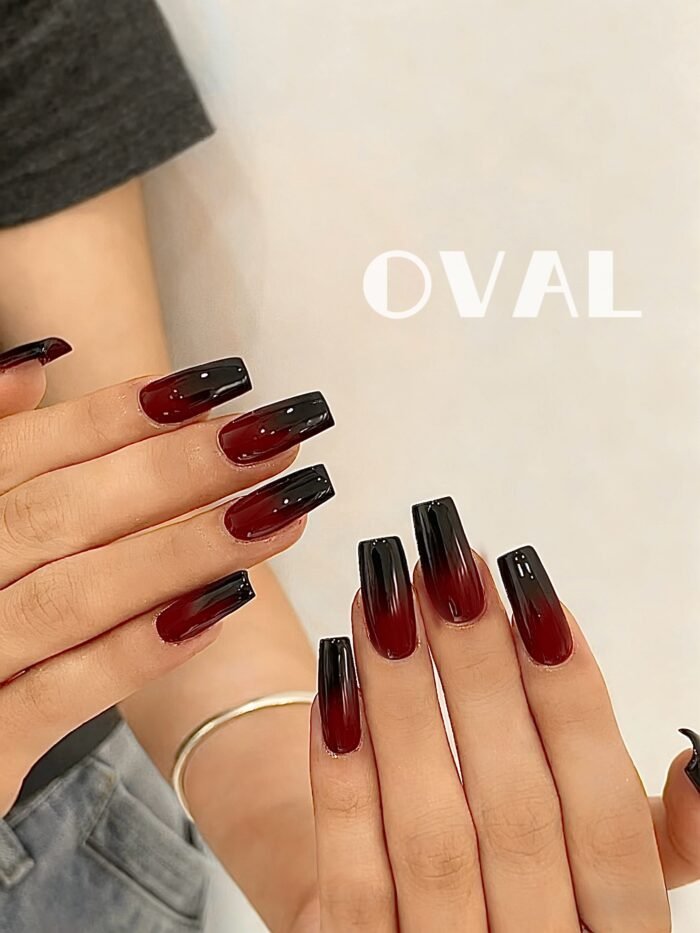 [Cure in 40s with Lamp] Burgundy-to-Black Gradient Gel Nail Wraps (Oval Shape) - 20pcs Self-Adhesive, Turns to Hard Nail Tips Instantly - Image 3