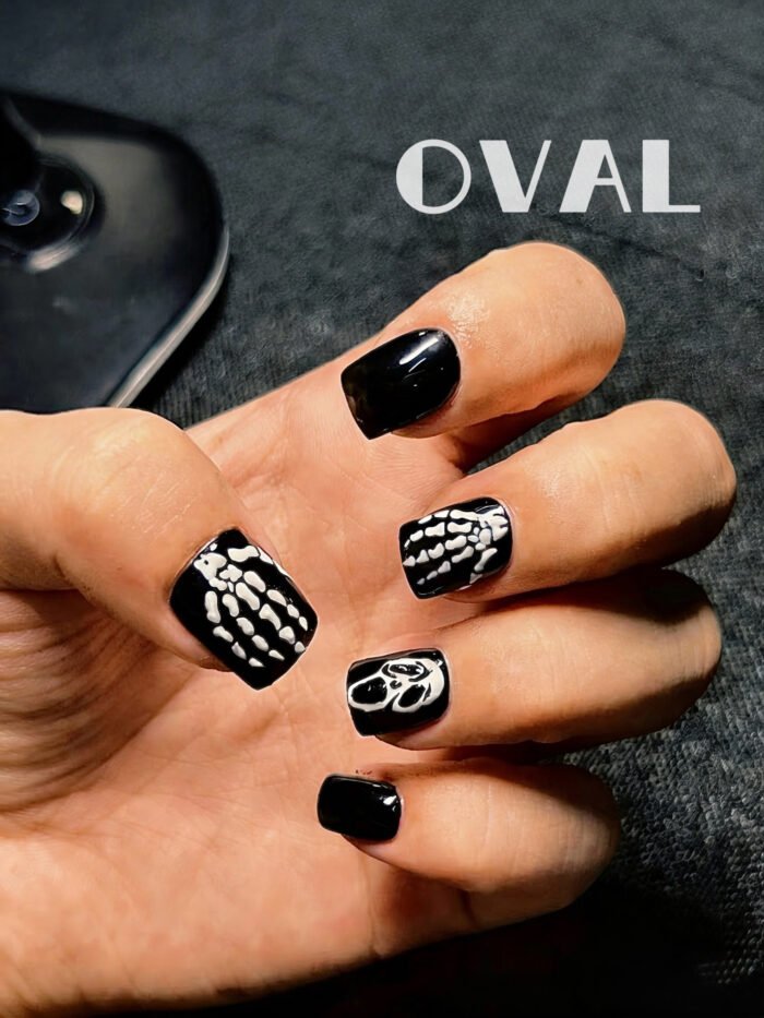 [Cure in 40s with Lamp] Edgy Skeleton Hand Gel Nail Wraps (Oval Shape) - 20pcs Self-Adhesive, Turns to Hard Nail Tips Instantly - Image 2