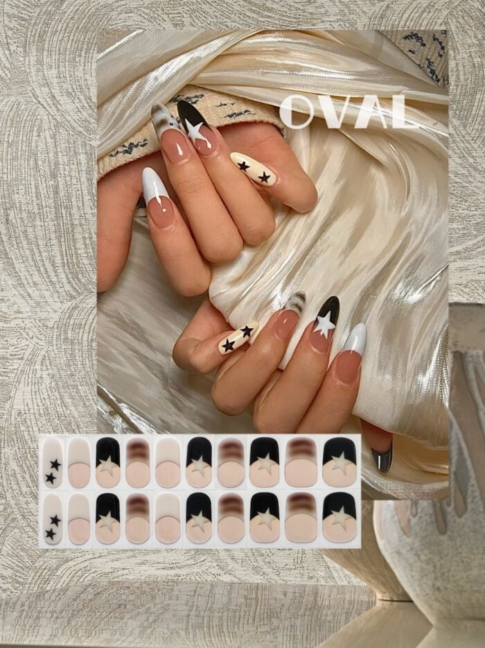 [Cure in 40s with Lamp] Edgy Star French Tip Gel Nail Wraps (Oval Shape) - 20pcs Self-Adhesive, Instant Hardening Nail Tips - Image 1