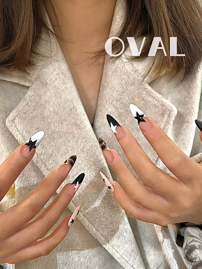 [Cure in 40s with Lamp] Edgy Star French Tip Gel Nail Wraps (Oval Shape) - 20pcs Self-Adhesive, Instant Hardening Nail Tips - Image 3