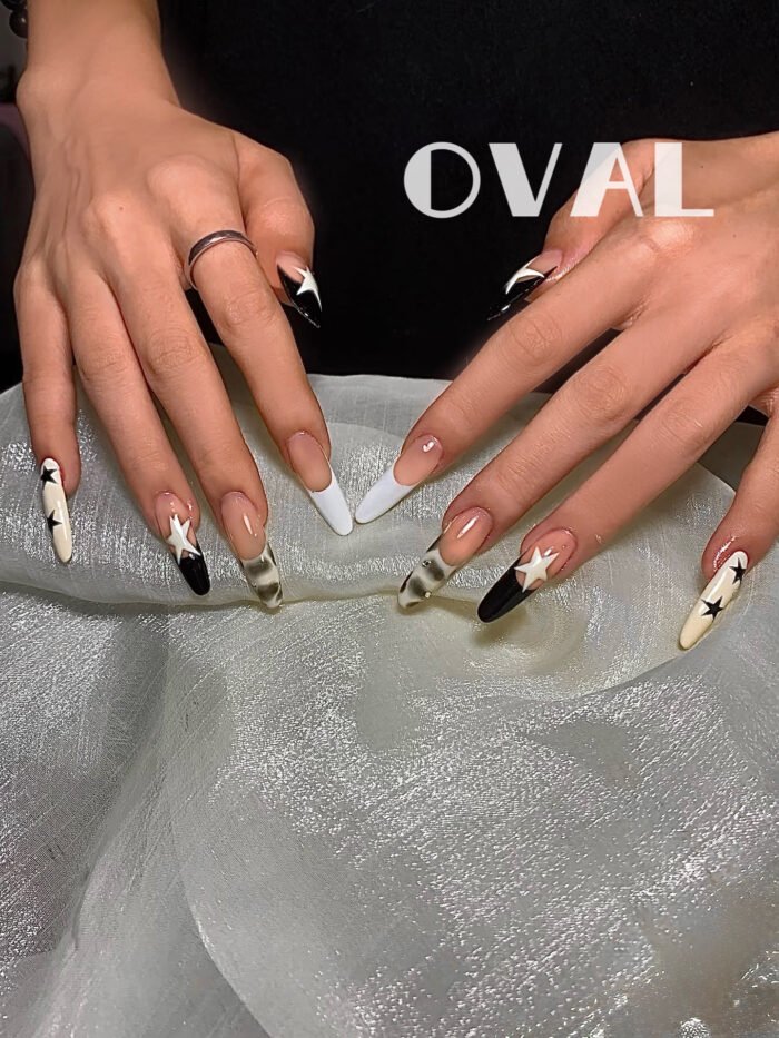 [Cure in 40s with Lamp] Edgy Star French Tip Gel Nail Wraps (Oval Shape) - 20pcs Self-Adhesive, Instant Hardening Nail Tips - Image 4