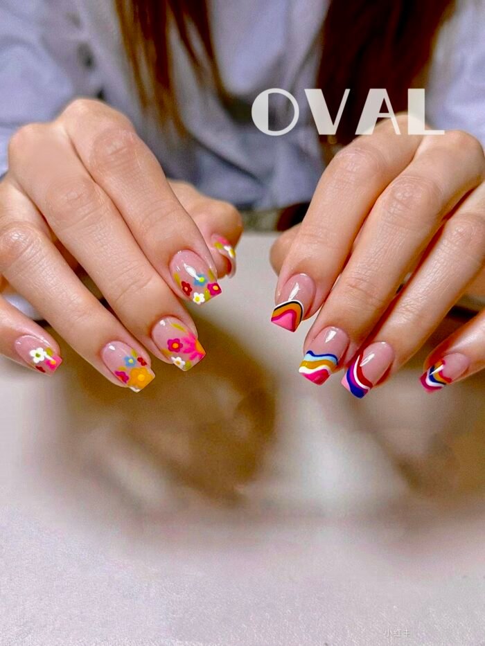 [Cure in 40s with Lamp] Edgy-Sweet Rainbow Floral Gel Nail Wraps (Oval Shape) - 20pcs Self-Adhesive, Instant Hardening Nail Tips - Image 3