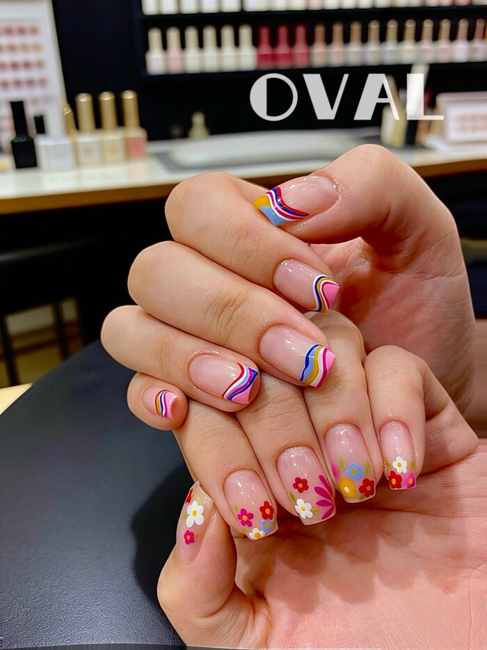 [Cure in 40s with Lamp] Edgy-Sweet Rainbow Floral Gel Nail Wraps (Oval Shape) - 20pcs Self-Adhesive, Instant Hardening Nail Tips - Image 2