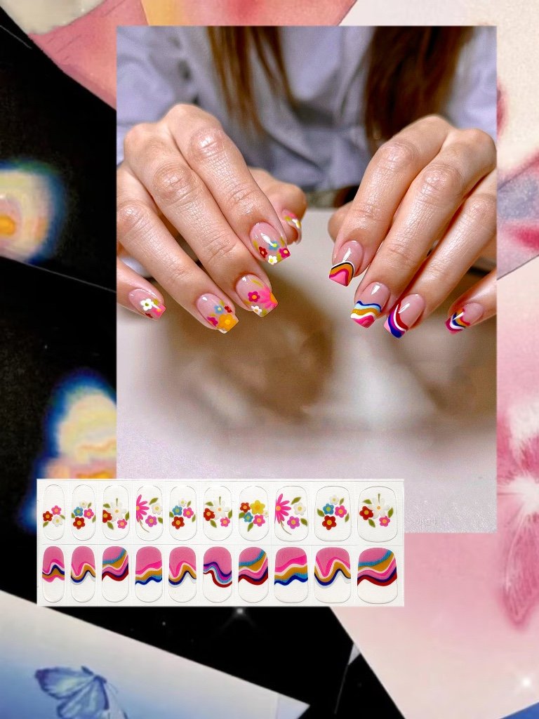 [Cure in 40s with Lamp] Edgy-Sweet Rainbow Floral Gel Nail Wraps (Oval Shape) – 20pcs Self-Adhesive, Instant Hardening Nail Tips