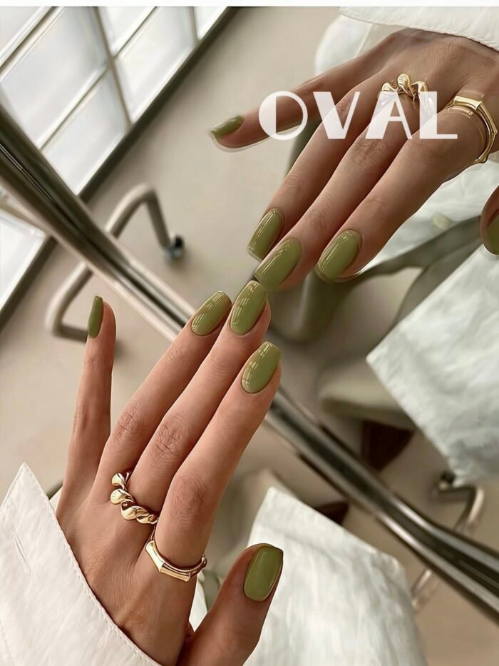 [Cure in 40s with Lamp] Glossy Olive Green Solid Gel Nail Wraps (Oval Shape) - 20pcs Self-Adhesive, Instant Hardening Nail Tips - Image 2