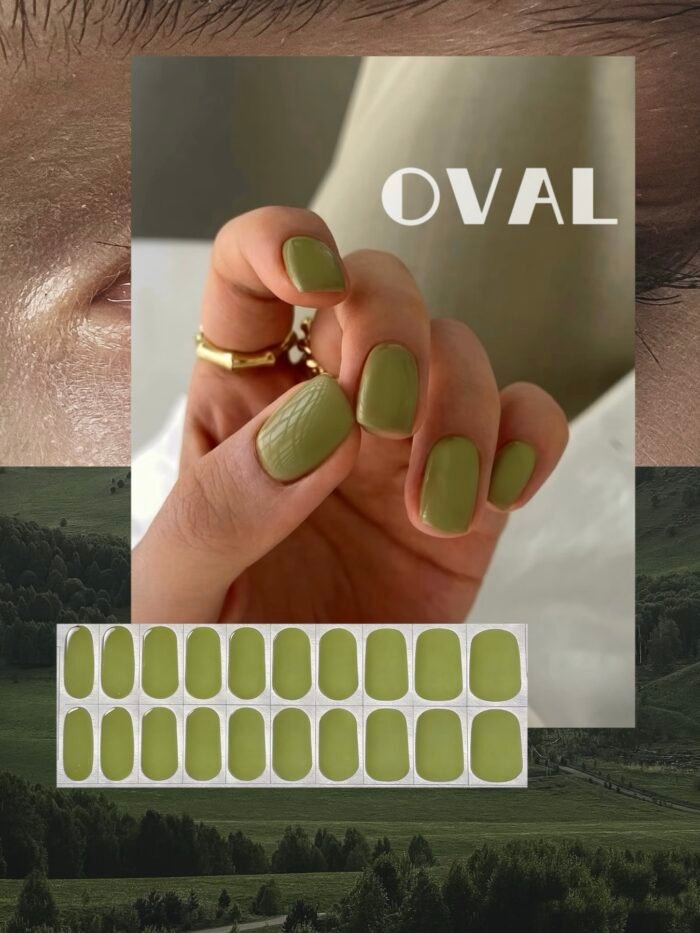 [Cure in 40s with Lamp] Glossy Olive Green Solid Gel Nail Wraps (Oval Shape) - 20pcs Self-Adhesive, Instant Hardening Nail Tips - Image 1