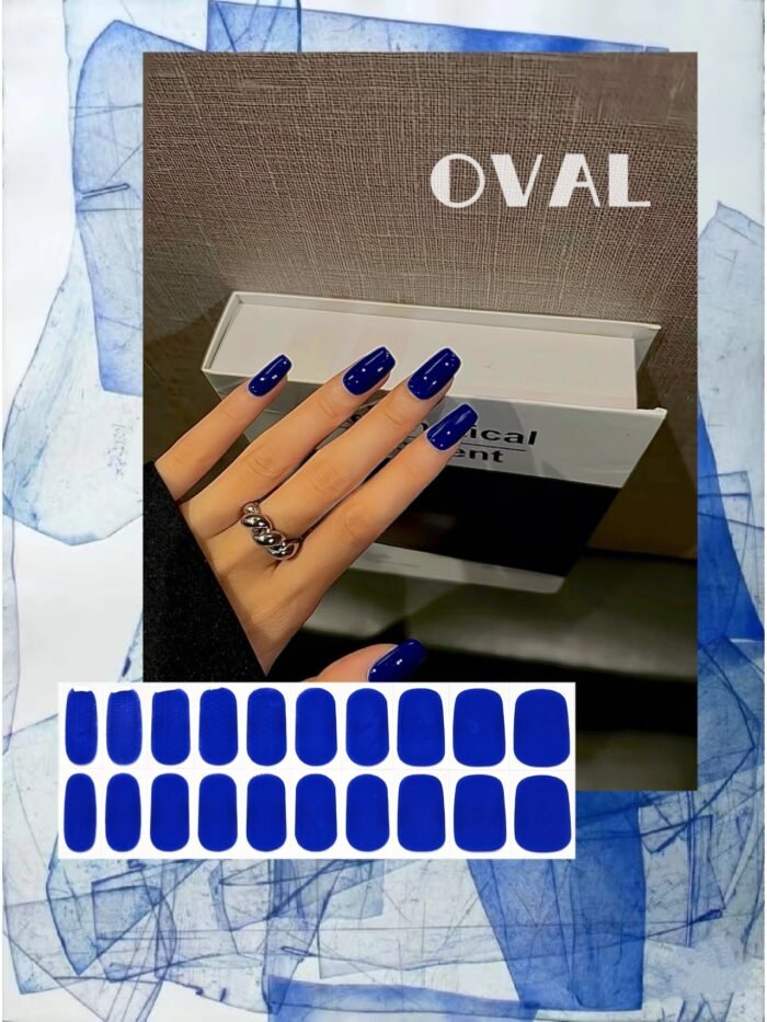 [Cure in 40s with Lamp] Jewel-Tone Royal Blue Solid Gel Nail Wraps (Oval Shape) - 20pcs Self-Adhesive, Turns to Hard Nail Tips Instantly - Image 1