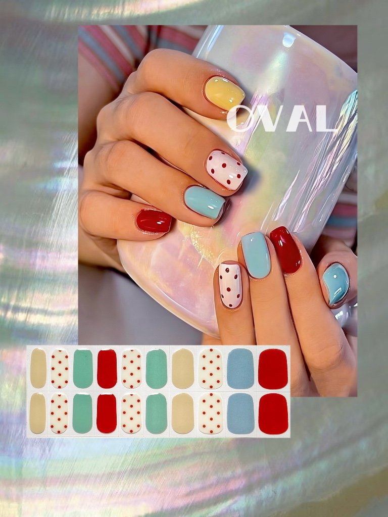 [Cure in 40s with Lamp] Macaron Polka Dot Color-Block Gel Nail Wraps (Oval Shape) – 20pcs Self-Adhesive, Instant Hardening Nail Tips