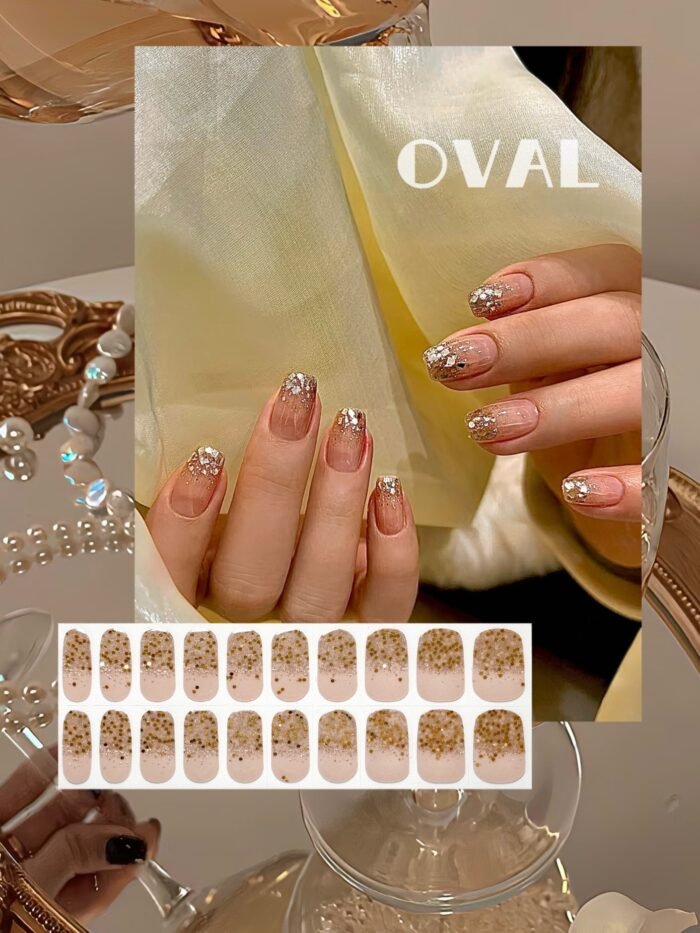 [Cure in 40s with Lamp] Nude Pink Glitter Gradient Gel Nail Wraps (Oval Shape) - 20pcs Self-Adhesive, Instant Hardening Nail Tips - Image 1