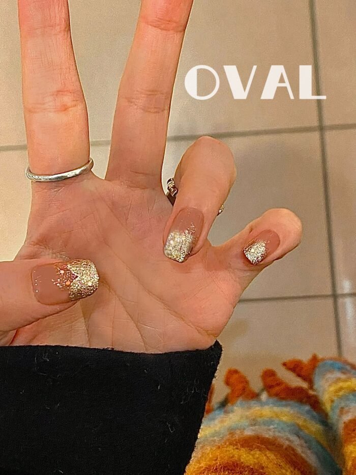 [Cure in 40s with Lamp] Nude Pink Glitter Gradient Gel Nail Wraps (Oval Shape) - 20pcs Self-Adhesive, Instant Hardening Nail Tips - Image 3