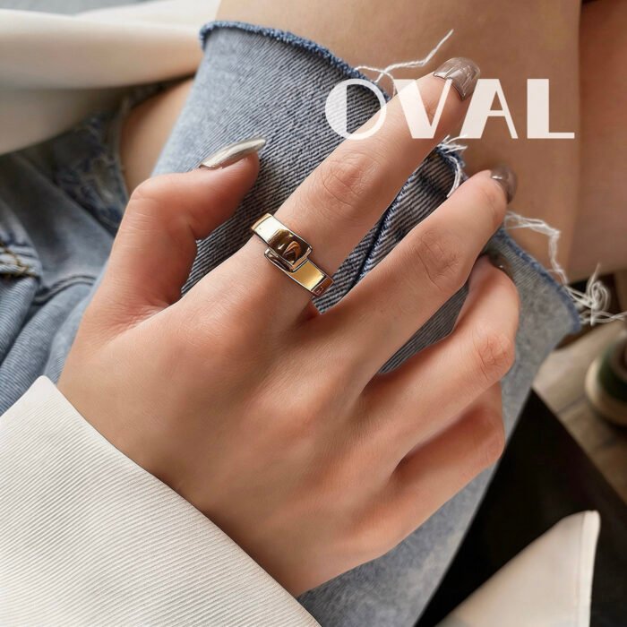OVAL 18K Gold-Plated Buckle Wide Band Adjustable Open Ring | Retro-Luxury Modern Statement Ring - Image 2