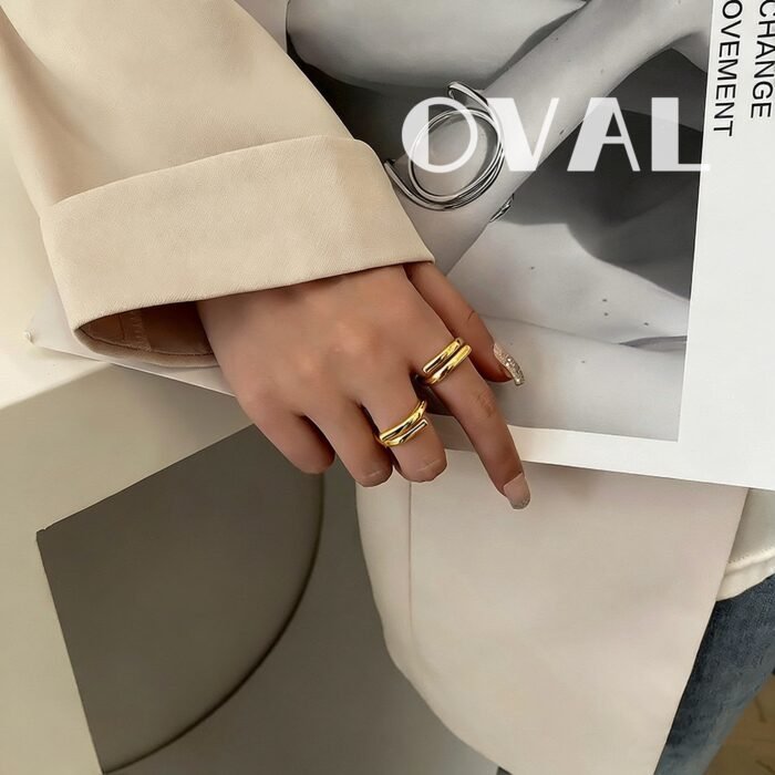 OVAL 18K Gold-Plated Dual-Band Stackable Open Ring | Adjustable Retro-Luxury Ring - Image 2