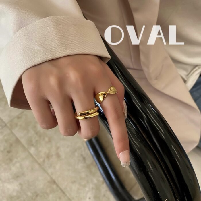 OVAL 18K Gold-Plated Twisted Wide Band Adjustable Open Ring | Retro-Lazy Statement Ring - Image 2