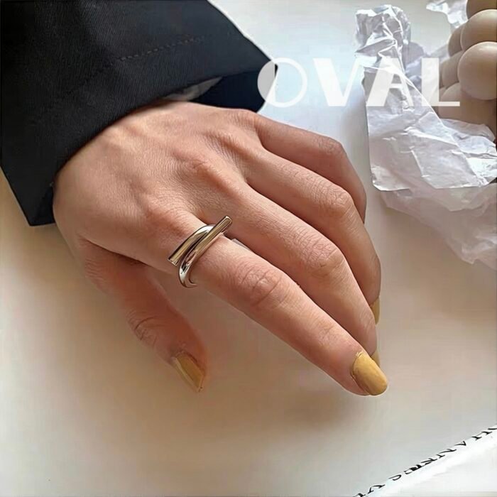 OVAL Minimalist Intertwined Double Band Sterling Silver Adjustable Ring | Stackable Statement Ring - Image 2