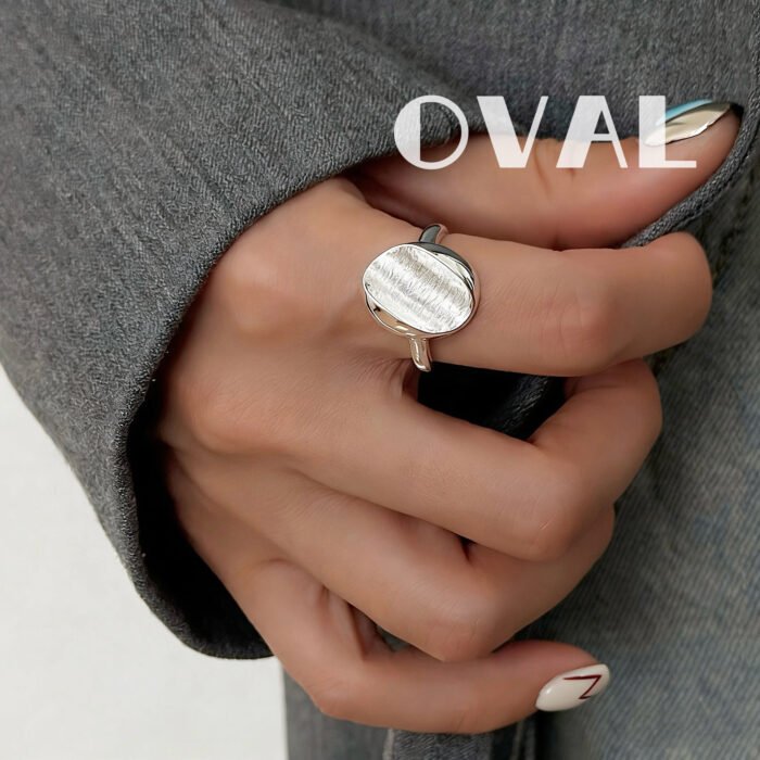 IMG_9030 OVAL Textured Oval Sterling Silver Adjustable Ring | Minimalist Stackable Statement Ring - Image 1
