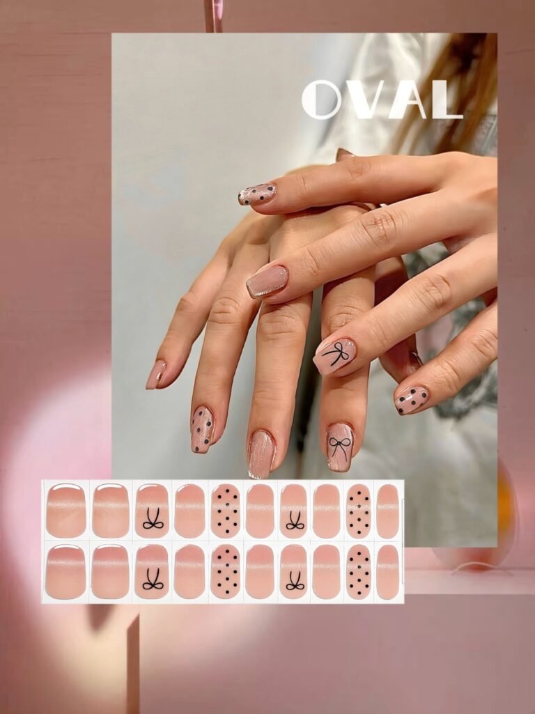 [Cure in 40s with Lamp] Pink Cat Eye Bow & Polka Dot Gel Nail Wraps (Oval Shape) 20pcs Self-Adhesive Instant Hardening Nail Tips