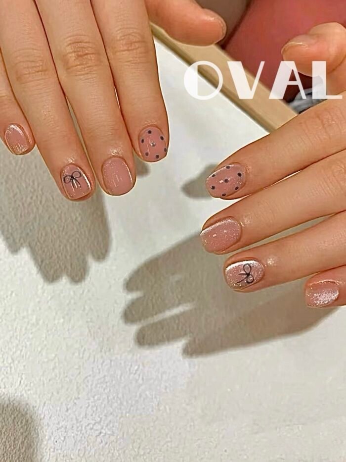 [Cure in 40s with Lamp] Pink Cat Eye Bow & Polka Dot Gel Nail Wraps (Oval Shape) 20pcs Self-Adhesive Instant Hardening Nail Tips - Image 3