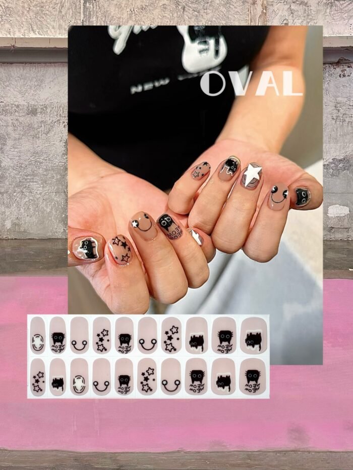 [Cure in 40s with Lamp] Sheer Nude Dark-Sweet Cat Gel Nail Wraps (Oval Shape) - 20pcs Self-Adhesive, Turns to Hard Nail Tips Instantly - Image 1