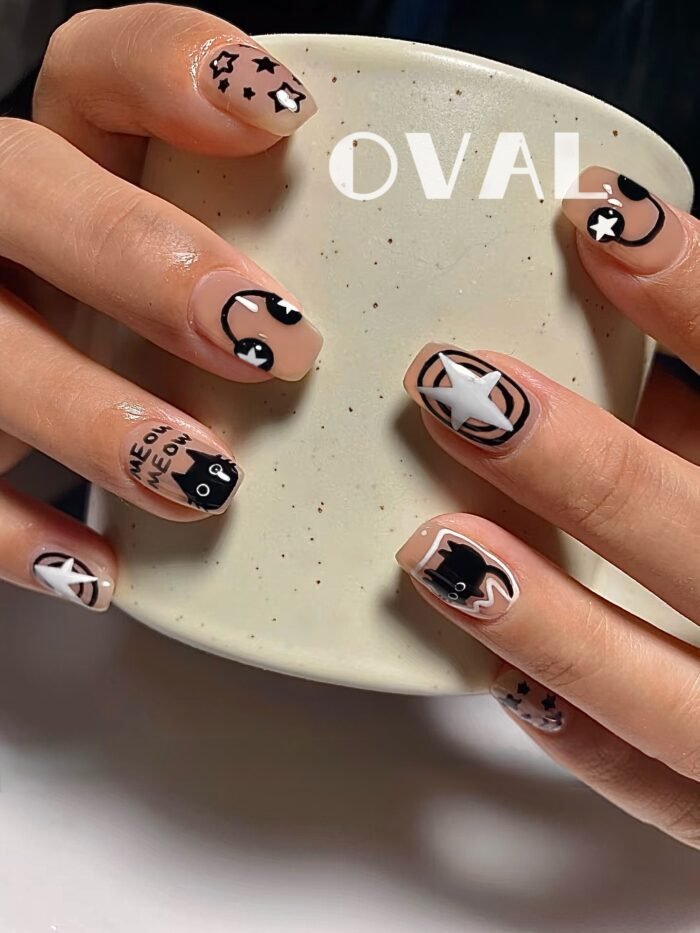 [Cure in 40s with Lamp] Sheer Nude Dark-Sweet Cat Gel Nail Wraps (Oval Shape) - 20pcs Self-Adhesive, Turns to Hard Nail Tips Instantly - Image 2