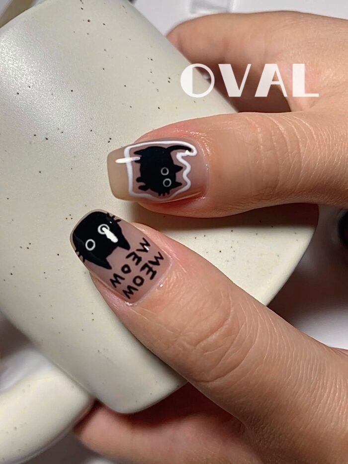 [Cure in 40s with Lamp] Sheer Nude Dark-Sweet Cat Gel Nail Wraps (Oval Shape) - 20pcs Self-Adhesive, Turns to Hard Nail Tips Instantly - Image 3
