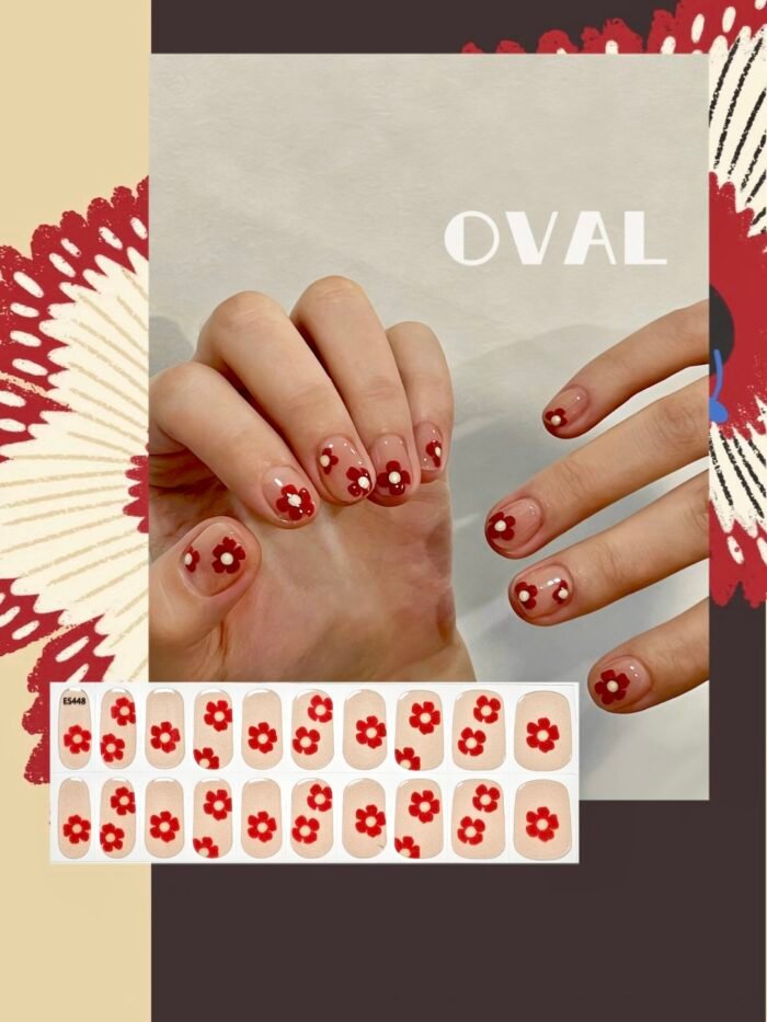 [Cure in 40s with Lamp] Sheer Nude Red Floral Gel Nail Wraps (Oval Shape) - 20pcs Self-Adhesive, Turns to Hard Nail Tips Instantly - Image 1