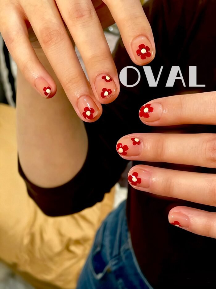 [Cure in 40s with Lamp] Sheer Nude Red Floral Gel Nail Wraps (Oval Shape) - 20pcs Self-Adhesive, Turns to Hard Nail Tips Instantly - Image 3