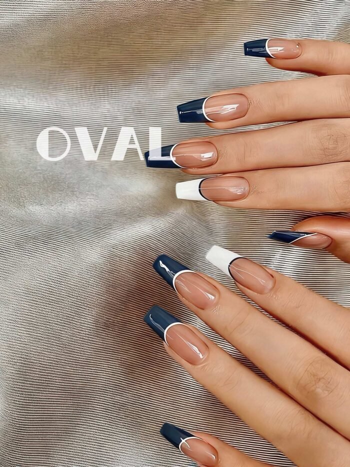 [Cure in 40s with Lamp] Sheer Skin-Tone Blue & White French Tip Gel Nail Wraps (Oval Shape) - 20pcs Self-Adhesive, Instant Hardening Nail Tips - Image 2