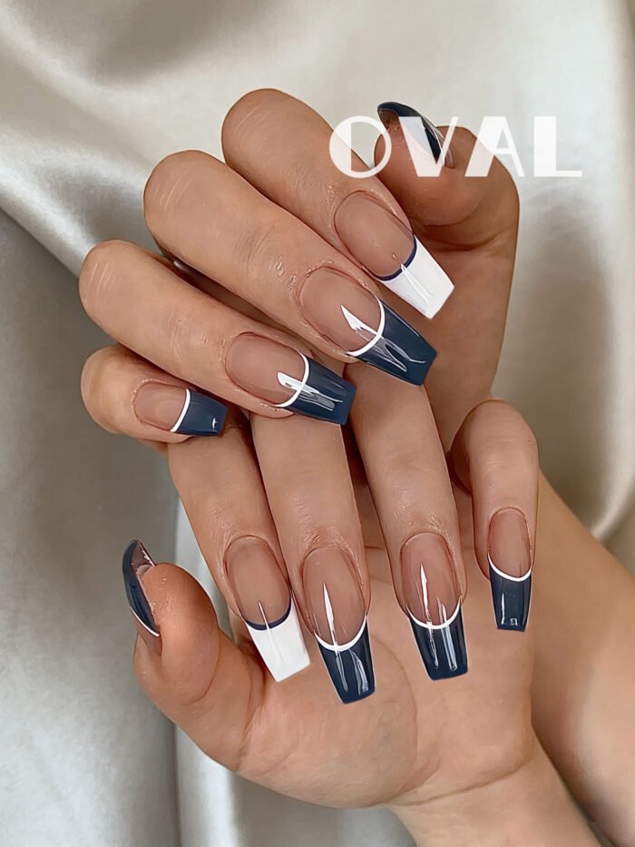 [Cure in 40s with Lamp] Sheer Skin-Tone Blue & White French Tip Gel Nail Wraps (Oval Shape) - 20pcs Self-Adhesive, Instant Hardening Nail Tips - Image 3