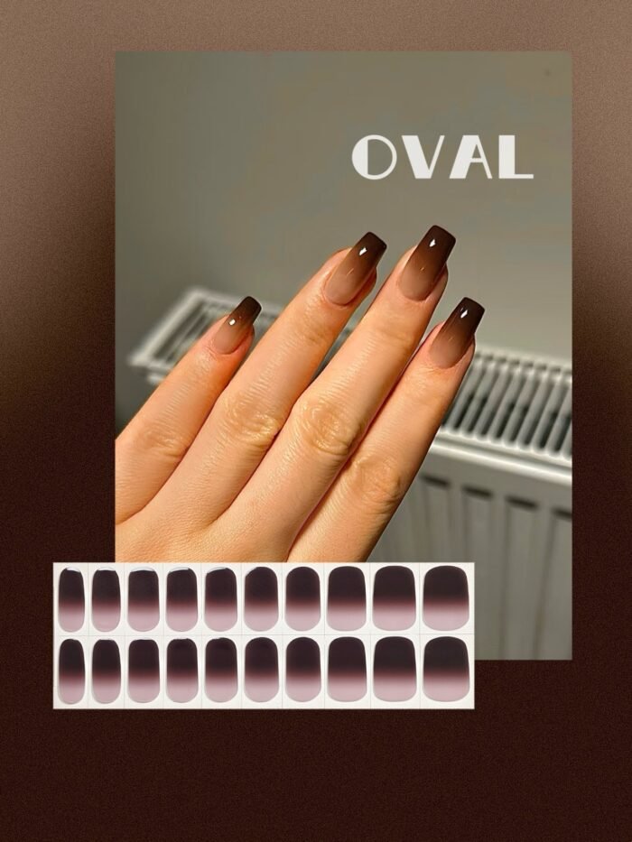 [Cure in 40s with Lamp] Siamese Cat-Inspired Brown Gradient Gel Nail Wraps (Oval Shape) – 20pcs Self-Adhesive, Instant Hardening Nail Tips - Image 1