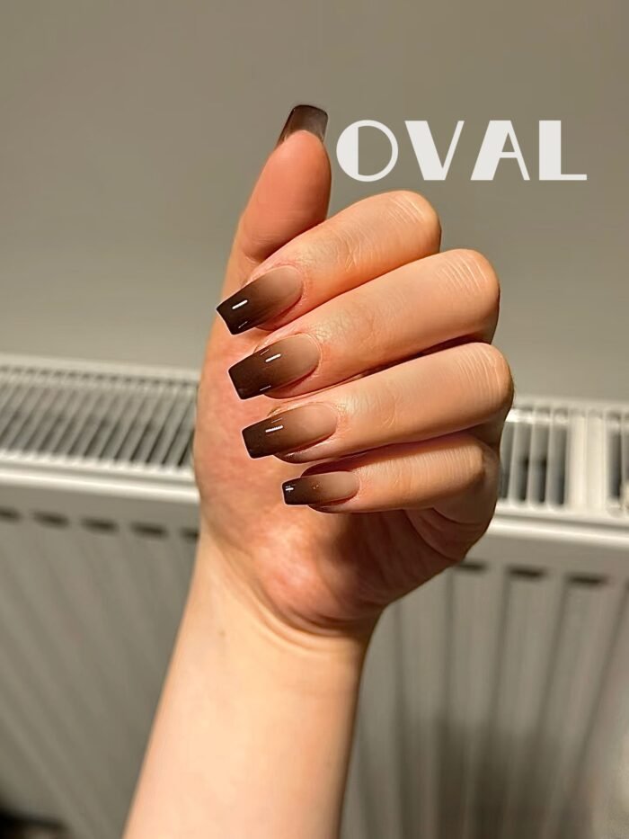 [Cure in 40s with Lamp] Siamese Cat-Inspired Brown Gradient Gel Nail Wraps (Oval Shape) – 20pcs Self-Adhesive, Instant Hardening Nail Tips - Image 3