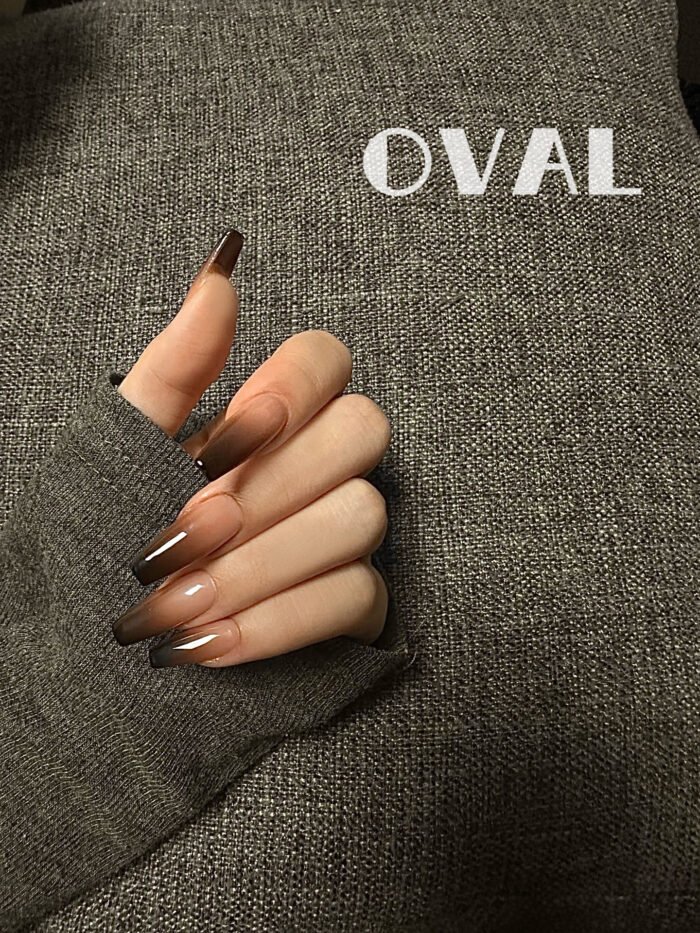 [Cure in 40s with Lamp] Siamese Cat-Inspired Brown Gradient Gel Nail Wraps (Oval Shape) – 20pcs Self-Adhesive, Instant Hardening Nail Tips - Image 2