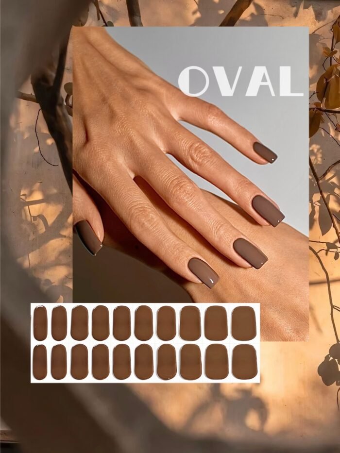 [Cure in 40s with Lamp] Soft Matte Coffee Gel Nail Wraps (Oval Shape) - 20pcs Self-Adhesive, Instant Hardening Nail Tips - Image 1