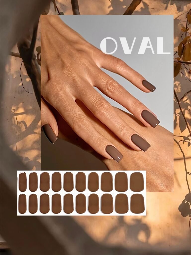 [Cure in 40s with Lamp] Soft Matte Coffee Gel Nail Wraps (Oval Shape) – 20pcs Self-Adhesive, Instant Hardening Nail Tips
