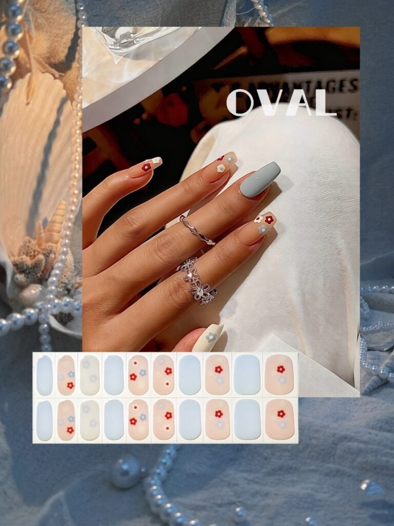 [Cure in 40s with Lamp] Soft Matte Tiny Floral Gel Nail Wraps (Oval Shape) – 20pcs Self-Adhesive, Instant Hardening Nail Tips