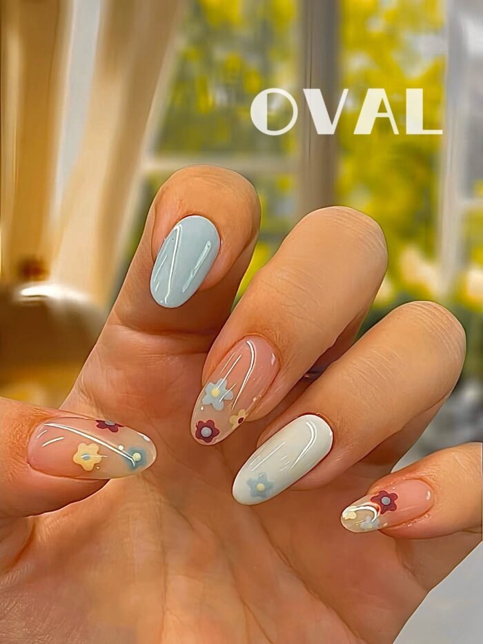 [Cure in 40s with Lamp] Soft Matte Tiny Floral Gel Nail Wraps (Oval Shape) - 20pcs Self-Adhesive, Instant Hardening Nail Tips - Image 2