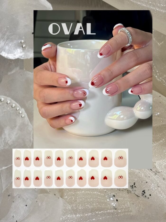 [Cure in 40s with Lamp] Sweetheart Heart & Bow French Tip Gel Nail Wraps (Oval Shape) - 20pcs Self-Adhesive, Instant Hardening Nail Tips - Image 1