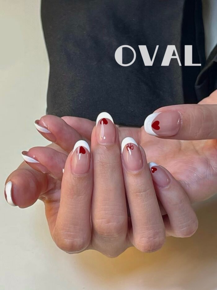 [Cure in 40s with Lamp] Sweetheart Heart & Bow French Tip Gel Nail Wraps (Oval Shape) - 20pcs Self-Adhesive, Instant Hardening Nail Tips - Image 3