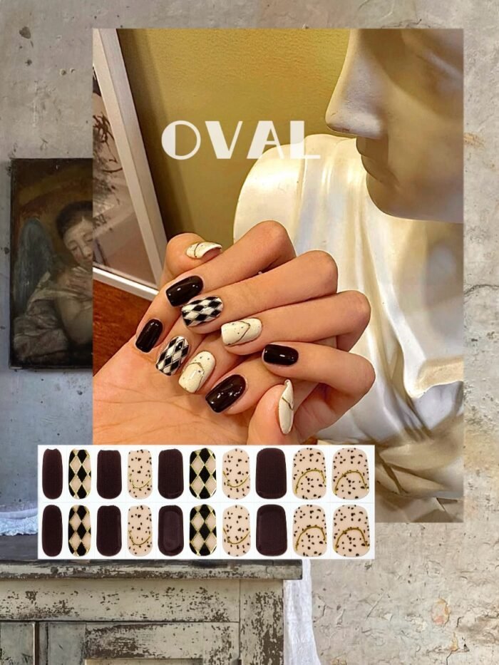 [Cure in 40s with Lamp] Vintage Argyle Dark Brown Gel Nail Wraps (Oval Shape) - 20pcs Self-Adhesive, Instant Hardening Nail Tips - Image 1