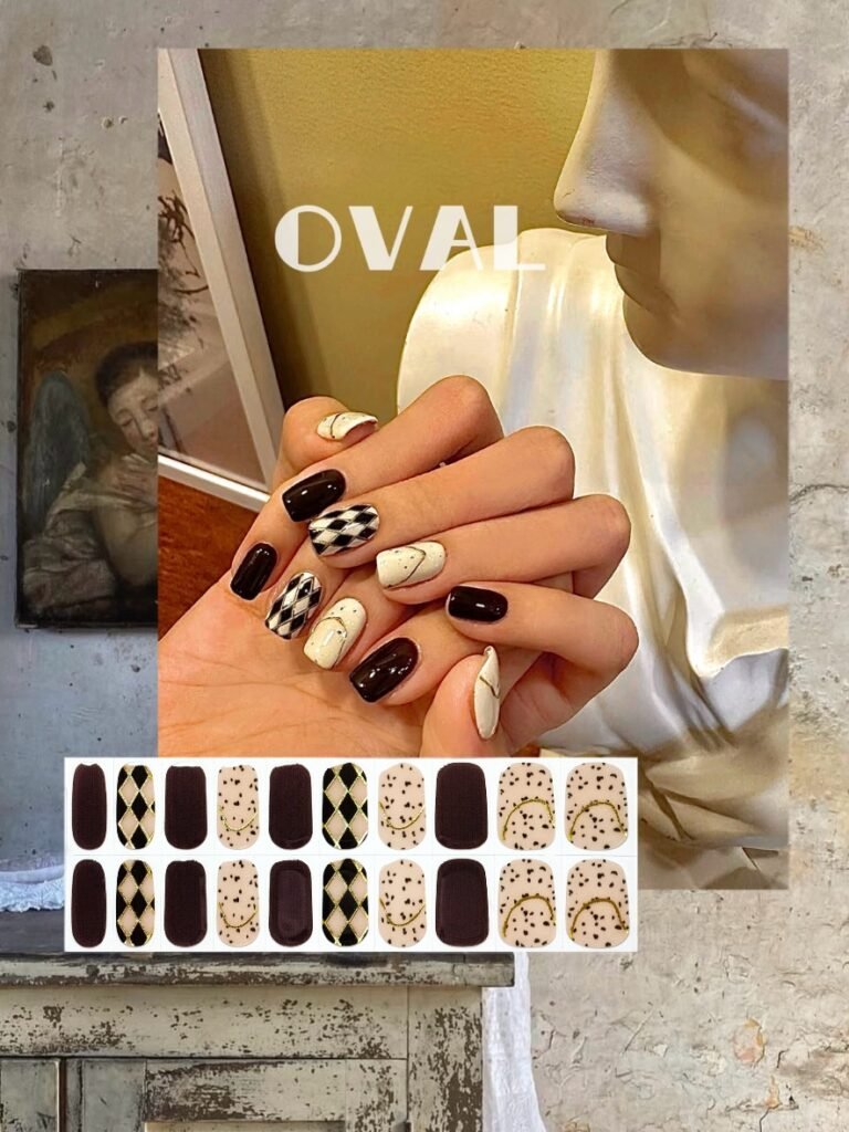 [Cure in 40s with Lamp] Vintage Argyle Dark Brown Gel Nail Wraps (Oval Shape) – 20pcs Self-Adhesive, Instant Hardening Nail Tips