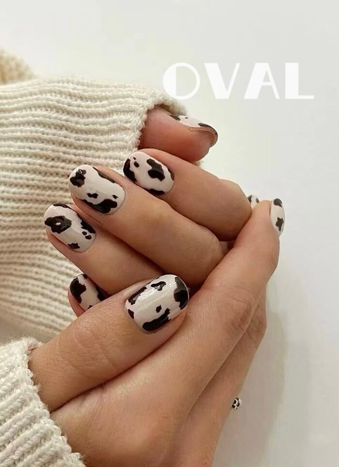 [Cure in 40s with Lamp] Vintage Cow Print Gel Nail Wraps (Oval Shape) - 20pcs Self-Adhesive, Turns to Hard Nail Tips Instantly - Image 3