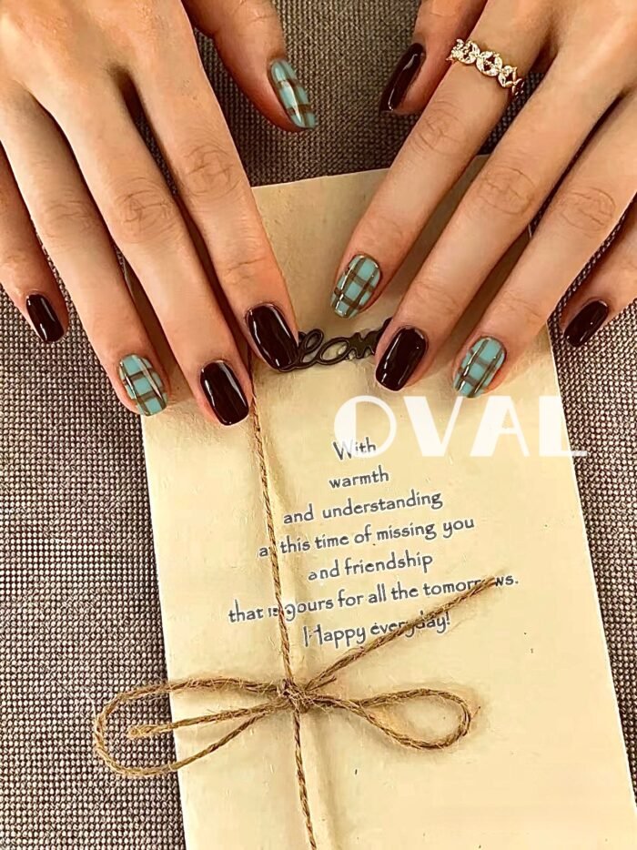 [Cure in 40s with Lamp] Vintage Dark Brown & Teal Plaid Gel Nail Wraps (Oval Shape) - 20pcs Self-Adhesive, Instant Hardening Nail Tips - Image 3